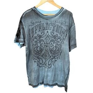 Affliction Live Fast T-Shirt Mens Large Blue Distressed Graphic Tee Cross Tattoo